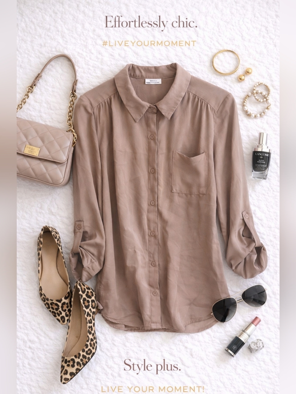 Office Chic Moment- Lieghtweight Strech Button-Down Shirt in Taupe
